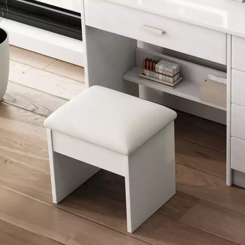 JVNOXK Coiffeuse blanche avec miroir lumineux et chaise, 5 tiroirs, étagères ouvertes, ensemble de coiffeuse avec éclairage LED réglable 3 couleurs