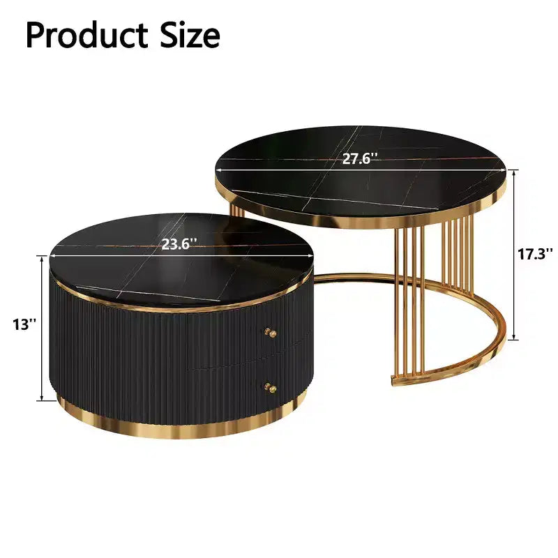 Table basse gigogne ronde moderne Whisen avec tiroirs de rangement et plateau en verre trempé, 2 pièces