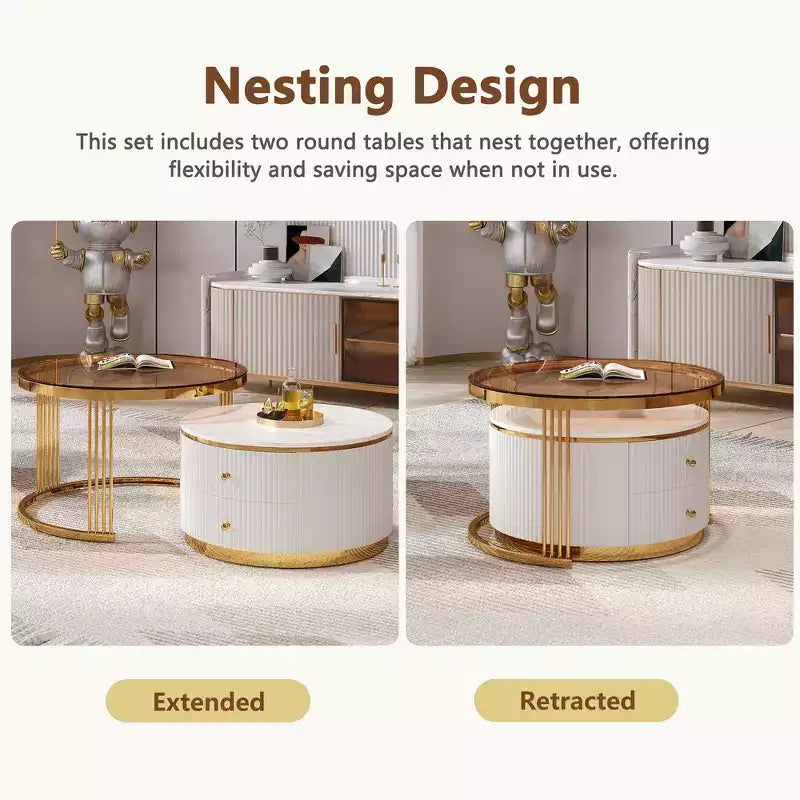 Table basse gigogne ronde moderne Whisen avec tiroirs de rangement et plateau en verre trempé, 2 pièces