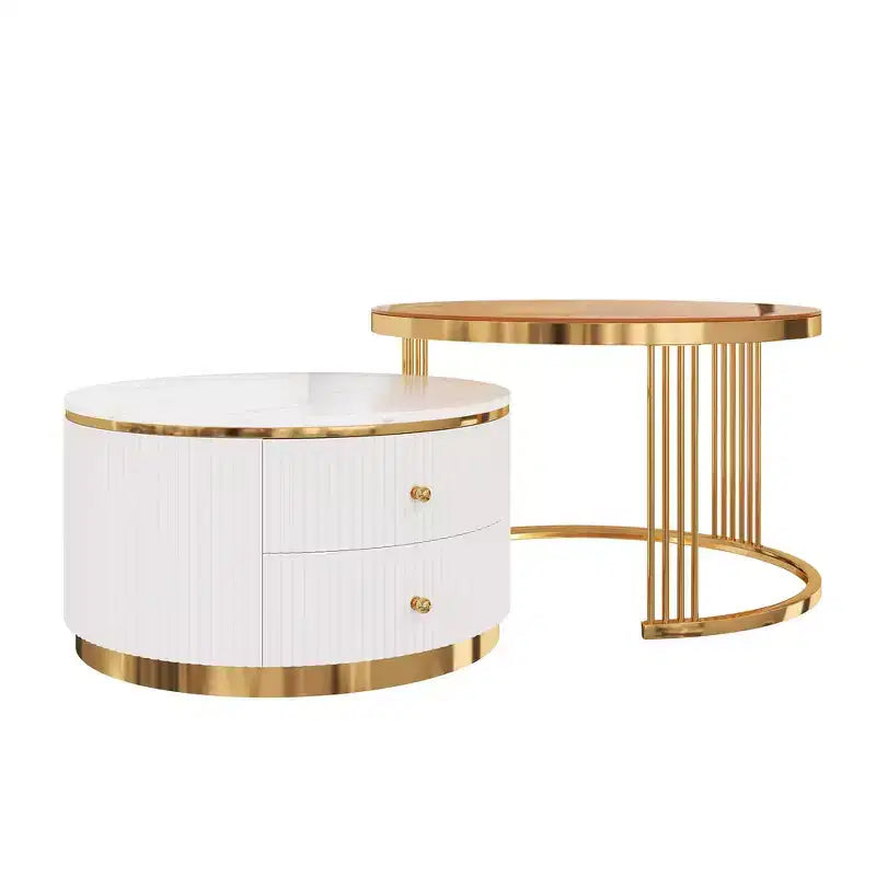 Table basse gigogne ronde moderne Whisen avec tiroirs de rangement et plateau en verre trempé, 2 pièces