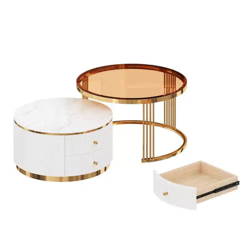Table basse gigogne ronde moderne Whisen avec tiroirs de rangement et plateau en verre trempé, 2 pièces