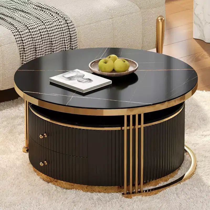 Table basse gigogne ronde moderne Whisen avec tiroirs de rangement et plateau en verre trempé, 2 pièces
