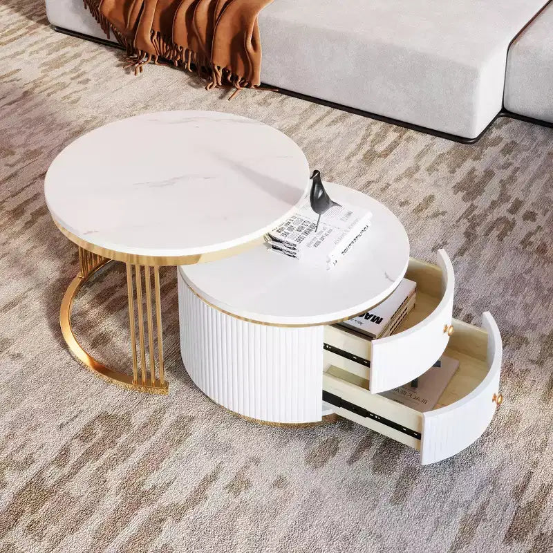Table basse gigogne ronde moderne Whisen avec tiroirs de rangement et plateau en verre trempé, 2 pièces