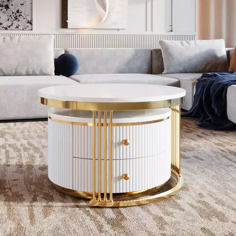 Table basse gigogne ronde moderne Whisen avec tiroirs de rangement et plateau en verre trempé, 2 pièces