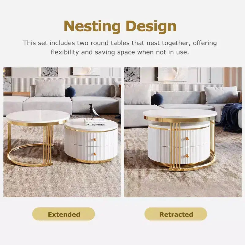 Table basse gigogne ronde moderne Whisen avec tiroirs de rangement et plateau en verre trempé, 2 pièces