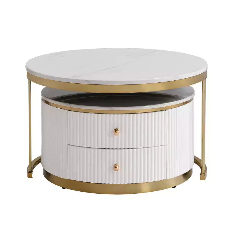 Table basse gigogne ronde moderne Whisen avec tiroirs de rangement et plateau en verre trempé, 2 pièces