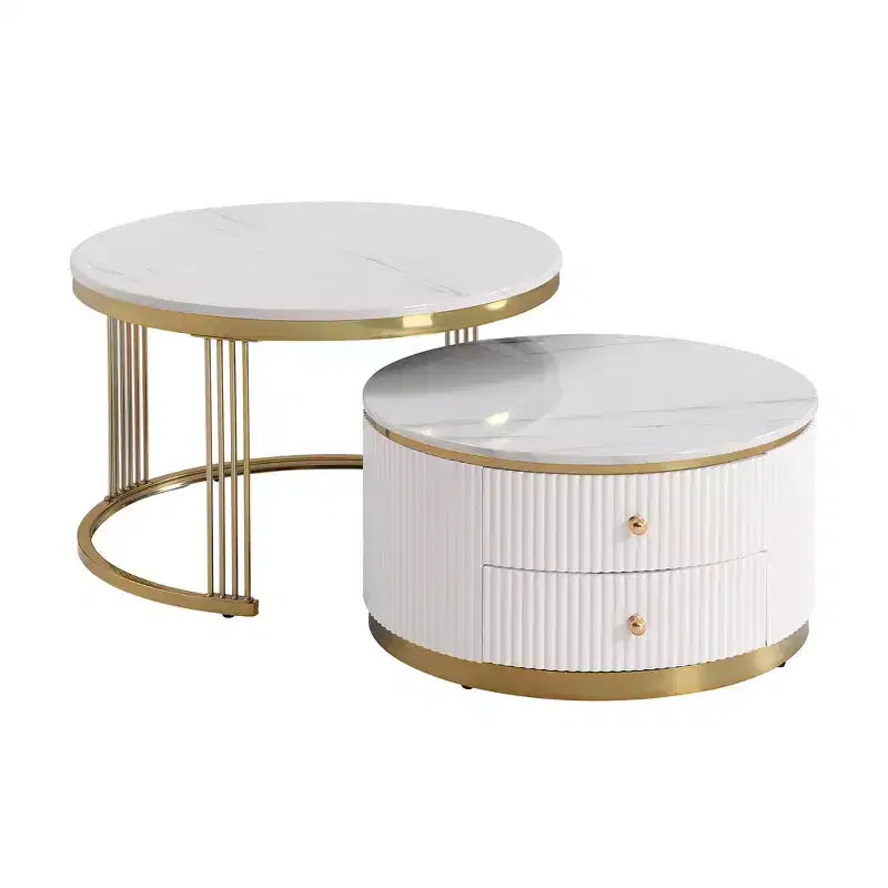Table basse gigogne ronde moderne Whisen avec tiroirs de rangement et plateau en verre trempé, 2 pièces