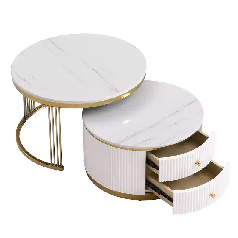 Table basse gigogne ronde moderne Whisen avec tiroirs de rangement et plateau en verre trempé, 2 pièces