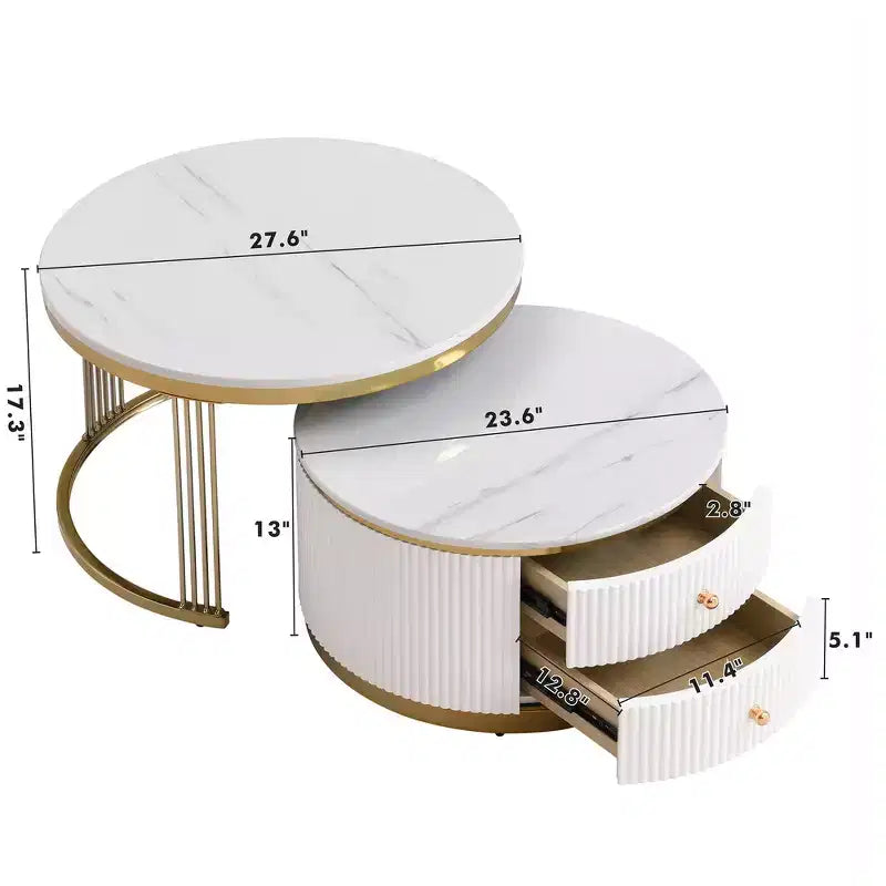 Table basse gigogne ronde moderne Whisen avec tiroirs de rangement et plateau en verre trempé, 2 pièces