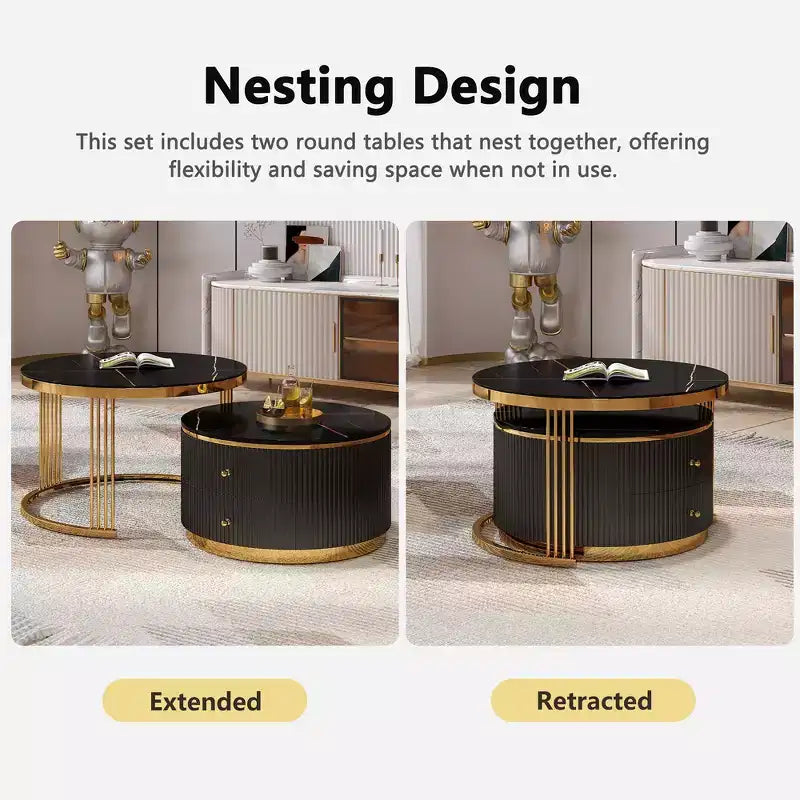 Table basse gigogne ronde moderne Whisen avec tiroirs de rangement et plateau en verre trempé, 2 pièces