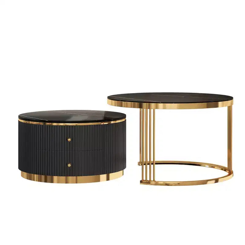 Table basse gigogne ronde moderne Whisen avec tiroirs de rangement et plateau en verre trempé, 2 pièces