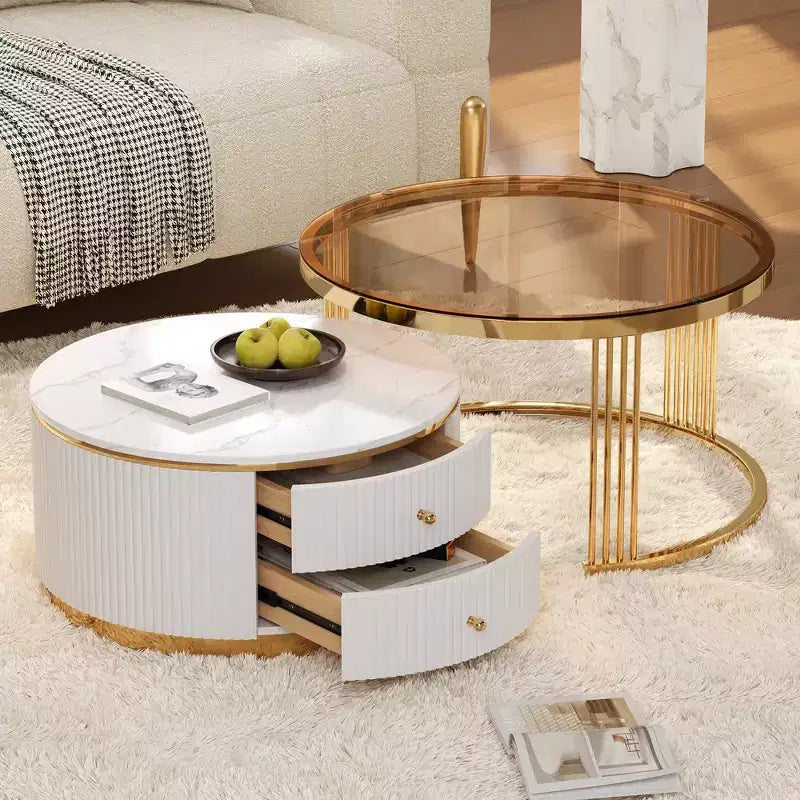 Table basse gigogne ronde moderne Whisen avec tiroirs de rangement et plateau en verre trempé, 2 pièces