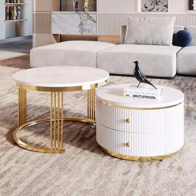 Table basse gigogne ronde moderne Whisen avec tiroirs de rangement et plateau en verre trempé, 2 pièces