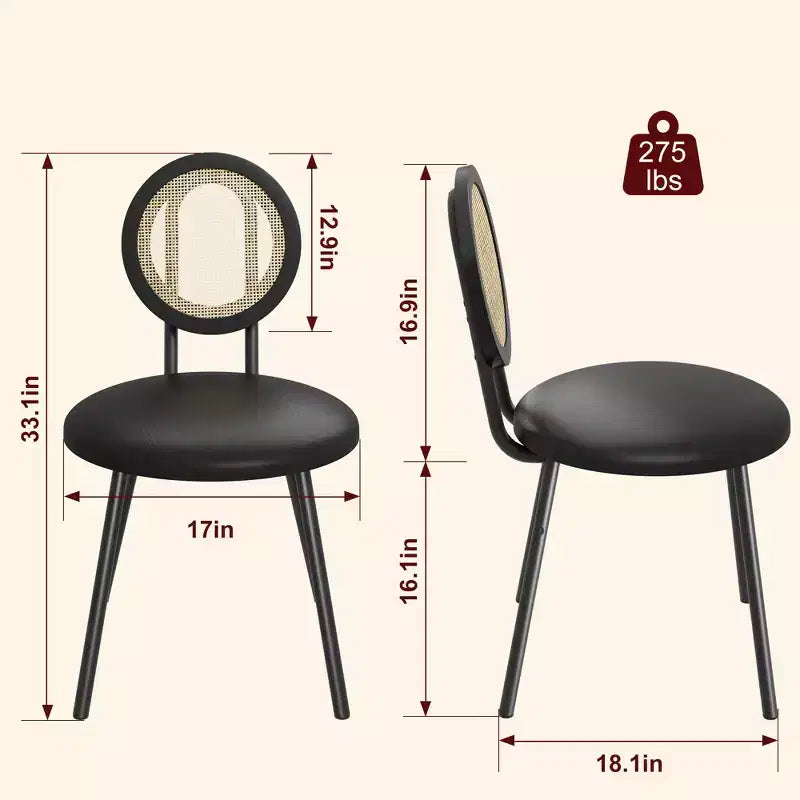 Lot de 4 chaises de salle à manger en rotin. Chaises de cuisine modernes rembourrées avec coussins épais et pieds en métal. Idéales pour les petits espaces.