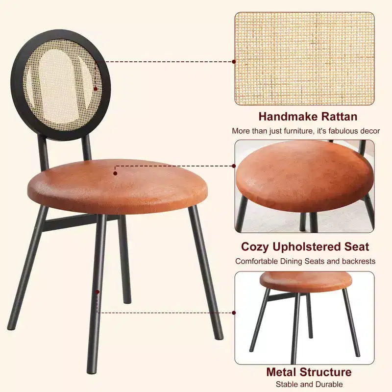 Lot de 4 chaises de salle à manger en rotin. Chaises de cuisine modernes rembourrées avec coussins épais et pieds en métal. Idéales pour les petits espaces.