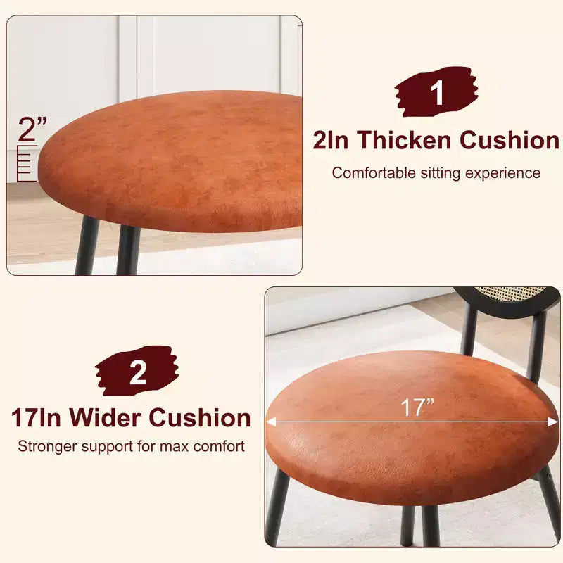 Lot de 4 chaises de salle à manger en rotin. Chaises de cuisine modernes rembourrées avec coussins épais et pieds en métal. Idéales pour les petits espaces.