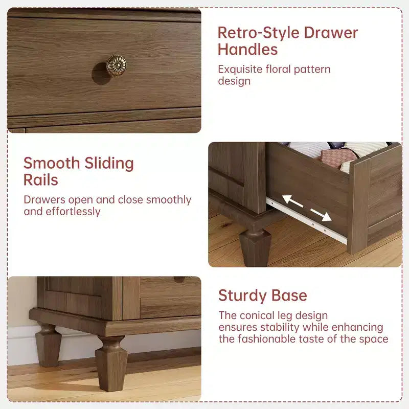 Commode vintage en bois à 4 tiroirs avec poignées sculptées, pieds coniques robustes et grande capacité de rangement, pour chambre à coucher.