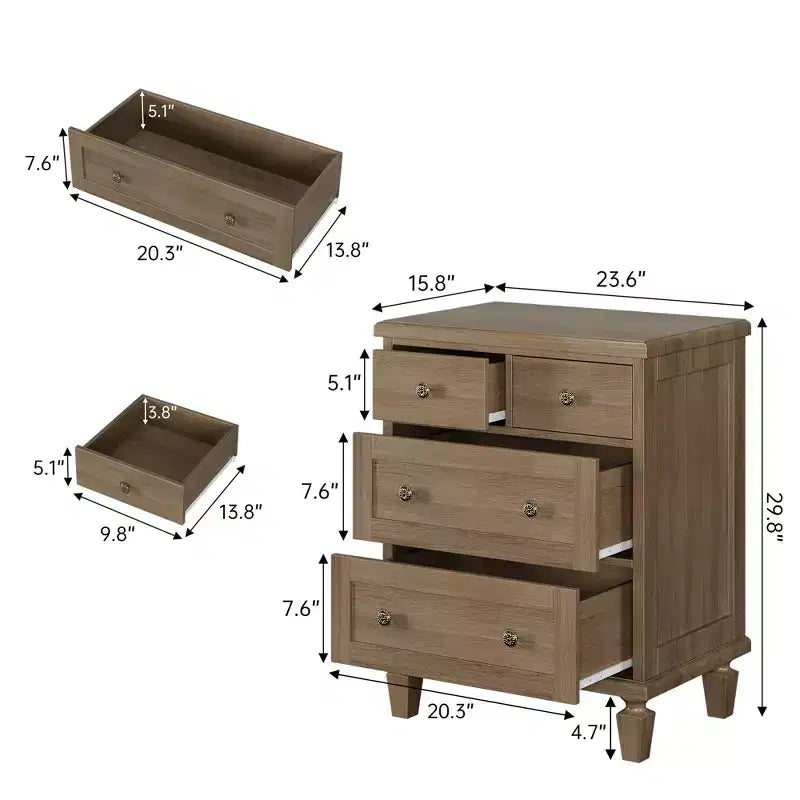 Commode vintage en bois à 4 tiroirs avec poignées sculptées, pieds coniques robustes et grande capacité de rangement, pour chambre à coucher.