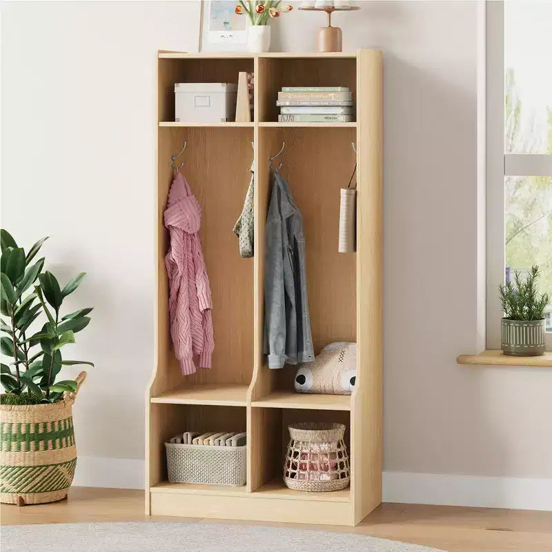 Porte-manteau 2 sections Acekool pour enfants avec 4 casiers et patères pour salle de classe, salle de jeux et entrée