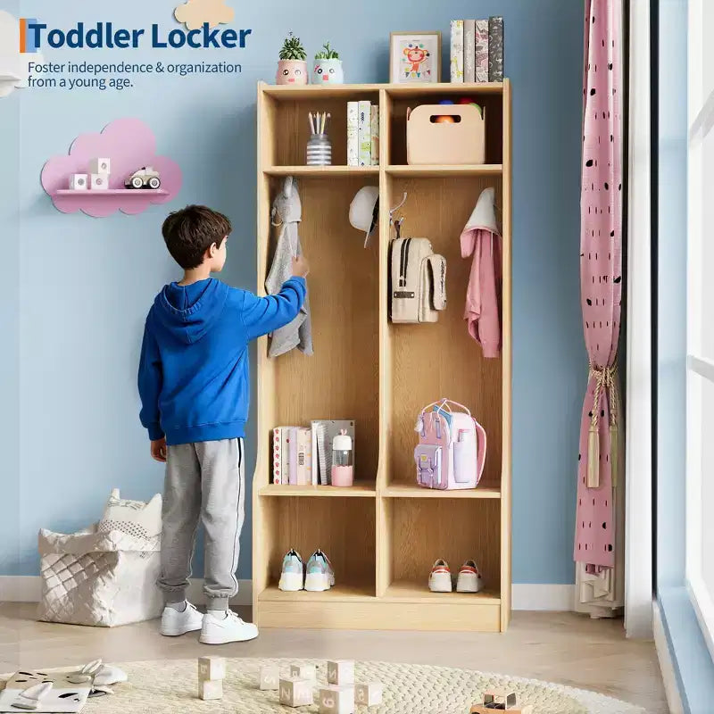 Porte-manteau 2 sections Acekool pour enfants avec 4 casiers et patères pour salle de classe, salle de jeux et entrée