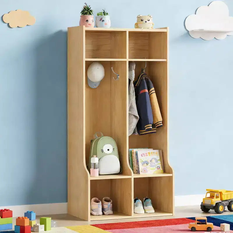 Porte-manteau 2 sections Acekool pour enfants avec 4 casiers et patères pour salle de classe, salle de jeux et entrée