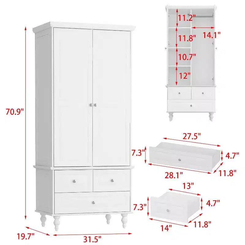 Armoire-penderie Famapy 2 portes et 3 tiroirs avec pieds hauts