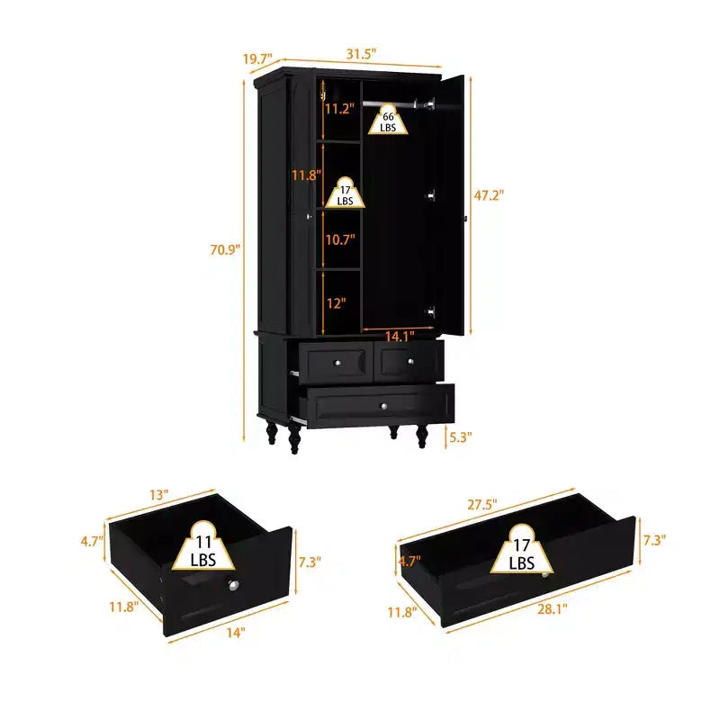 Armoire-penderie Famapy 2 portes et 3 tiroirs avec pieds hauts