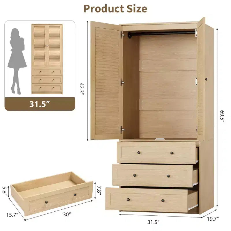 Armoire GustoWave 70 en bois, penderie à 2 portes avec 3 tiroirs et tringle à vêtements, grand placard de rangement pour chambre à coucher