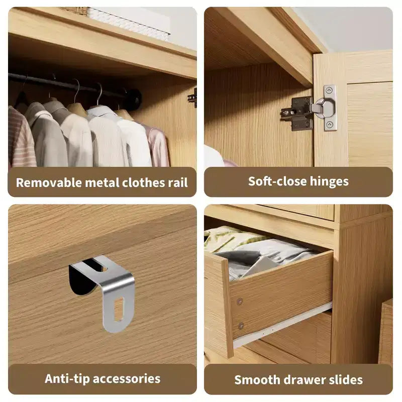 Armoire GustoWave 70 en bois, penderie à 2 portes avec 3 tiroirs et tringle à vêtements, grand placard de rangement pour chambre à coucher