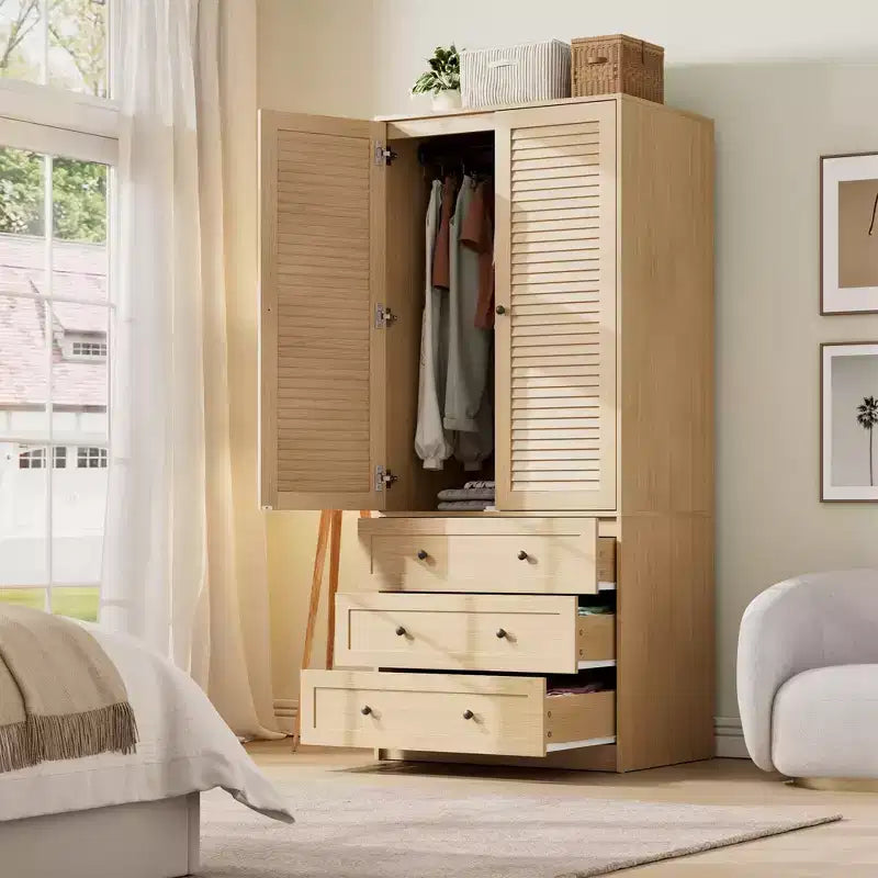 Armoire GustoWave 70 en bois, penderie à 2 portes avec 3 tiroirs et tringle à vêtements, grand placard de rangement pour chambre à coucher