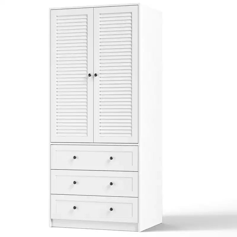 Armoire GustoWave 70 en bois, penderie à 2 portes avec 3 tiroirs et tringle à vêtements, grand placard de rangement pour chambre à coucher