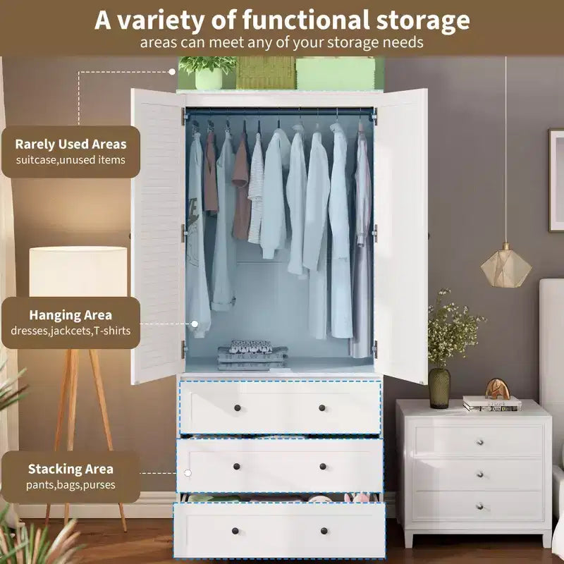 Armoire GustoWave 70 en bois, penderie à 2 portes avec 3 tiroirs et tringle à vêtements, grand placard de rangement pour chambre à coucher