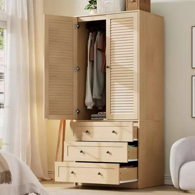 Armoire GustoWave 70 en bois, penderie à 2 portes avec 3 tiroirs et tringle à vêtements, grand placard de rangement pour chambre à coucher