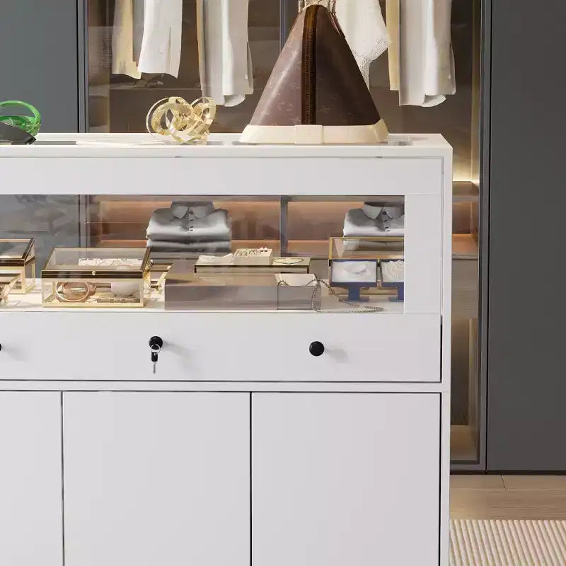 Famapy Armoire à bijoux blanche avec vitrine en verre verrouillable, Organisateur de rangement moderne sur pied pour chambre à coucher, cuisine et salon
