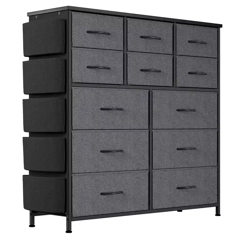 12 Drawers Fabric Storage Dresser for Bedroom, Chest of Drawers with Convenient Side Pockets and Hooks, Sturdy Steel Frame, Wood Top