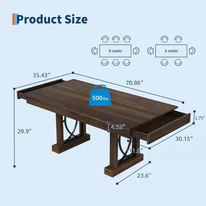 Table à manger rectangulaire moderne de 180 cm pour 6 à 8 personnes - Table en bois avec deux grands tiroirs de rangement - Cadre robuste - Étanche et résistante à la chaleur