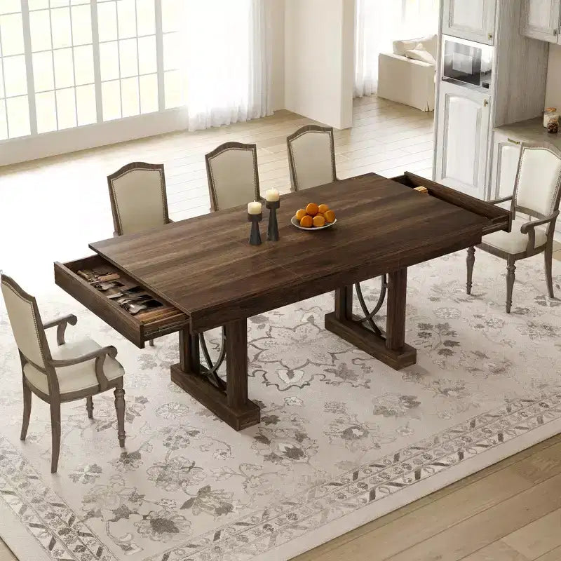 Table à manger rectangulaire moderne de 180 cm pour 6 à 8 personnes - Table en bois avec deux grands tiroirs de rangement - Cadre robuste - Étanche et résistante à la chaleur