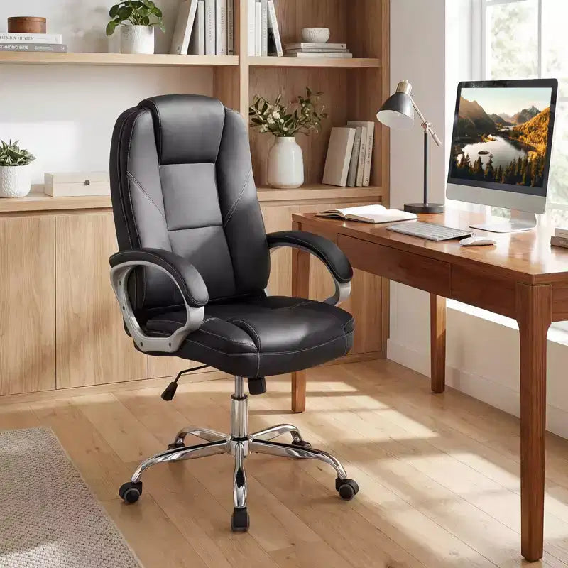 Costway Chaise de bureau en cuir, fauteuil de direction ergonomique avec dossier à bascule, noir