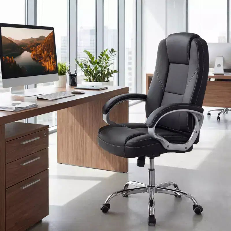 Costway Chaise de bureau en cuir, fauteuil de direction ergonomique avec dossier à bascule, noir