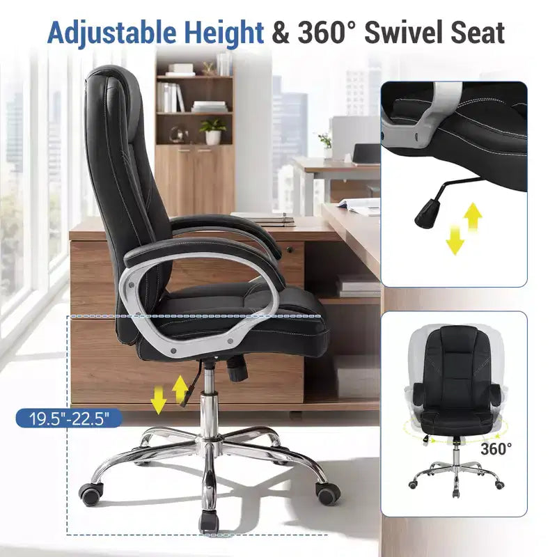 Costway Chaise de bureau en cuir, fauteuil de direction ergonomique avec dossier à bascule, noir