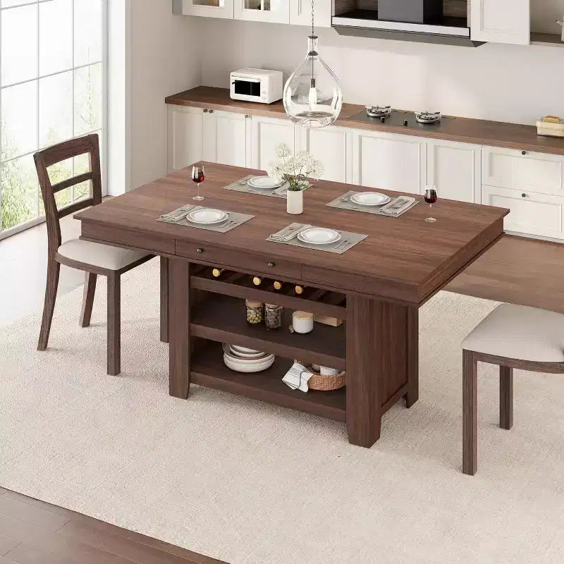 36 Wooden Counter Height Dining Table with Wine Rack, 3 Storage Shelves & 2 Drawers, Thick Frame Tall Kitchen Table