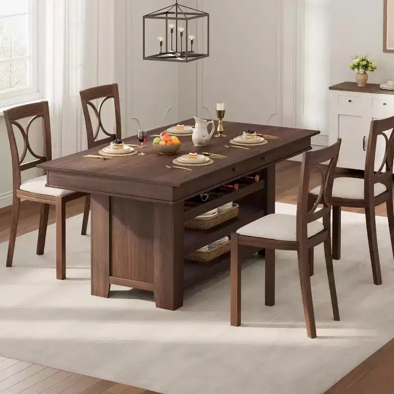 Table de salle à manger haute en bois de 36 po avec casier à vin, 3 étagères de rangement et 2 tiroirs, table de cuisine haute à cadre épais