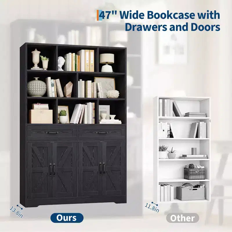 Bibliothèque pour enfants en bois H 71 x L 47 - Meuble de rangement à 6 niveaux avec 2 tiroirs et 4 portes - Grande étagère de rangement pour chambre d'enfant, salon ou bureau