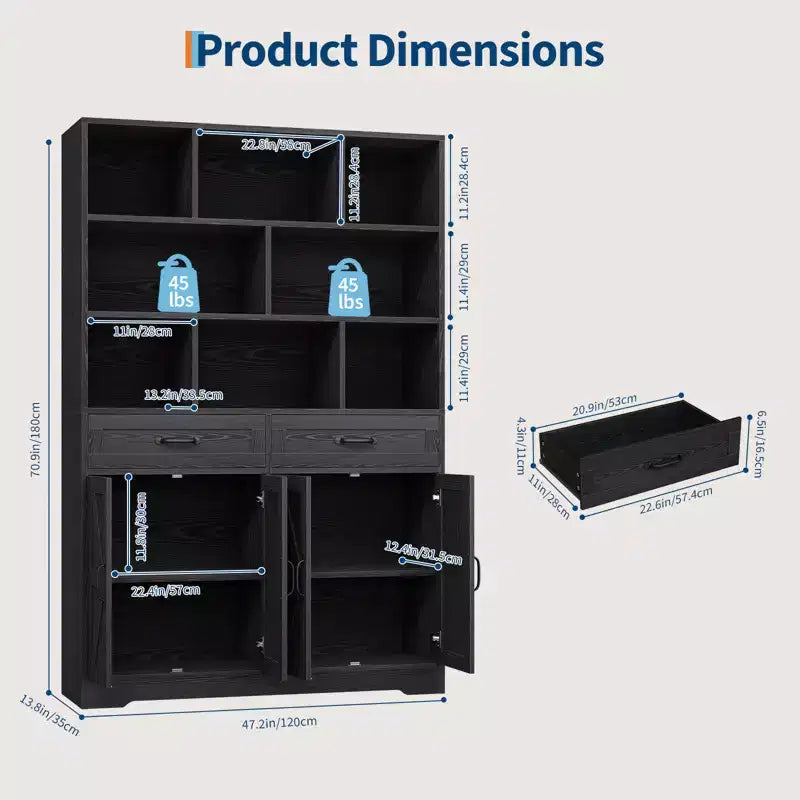 Bibliothèque pour enfants en bois H 71 x L 47 - Meuble de rangement à 6 niveaux avec 2 tiroirs et 4 portes - Grande étagère de rangement pour chambre d'enfant, salon ou bureau