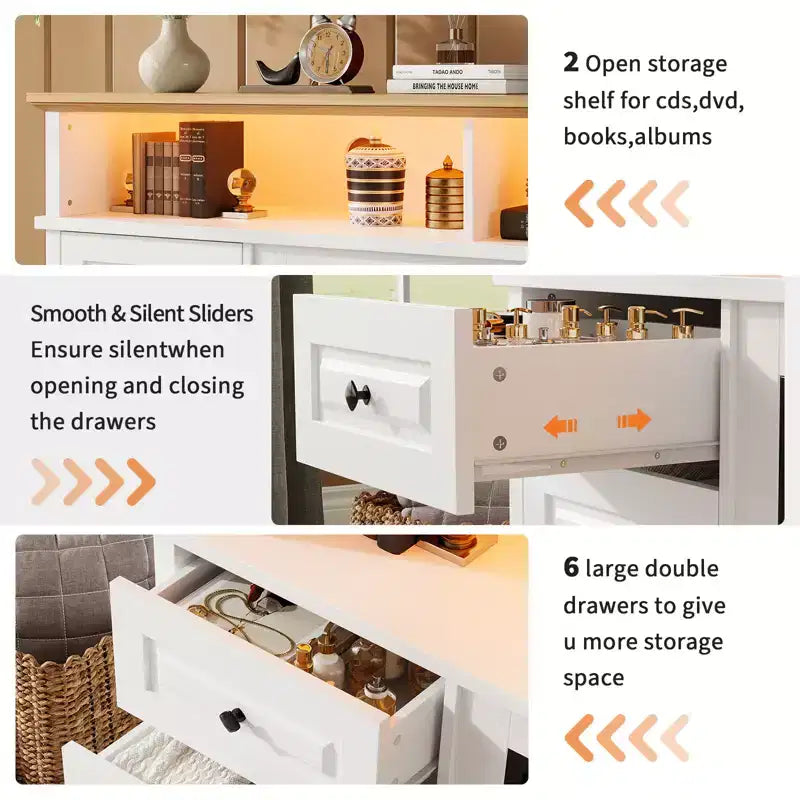 Meuble TV 65 pouces avec lumières LED, centre de divertissement avec armoires de rangement et étagères ouvertes, console multimédia blanche pour salon