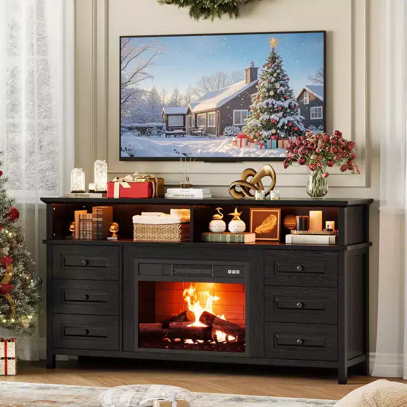 Meuble TV 65 pouces avec lumières LED, centre de divertissement avec armoires de rangement et étagères ouvertes, console multimédia blanche pour salon