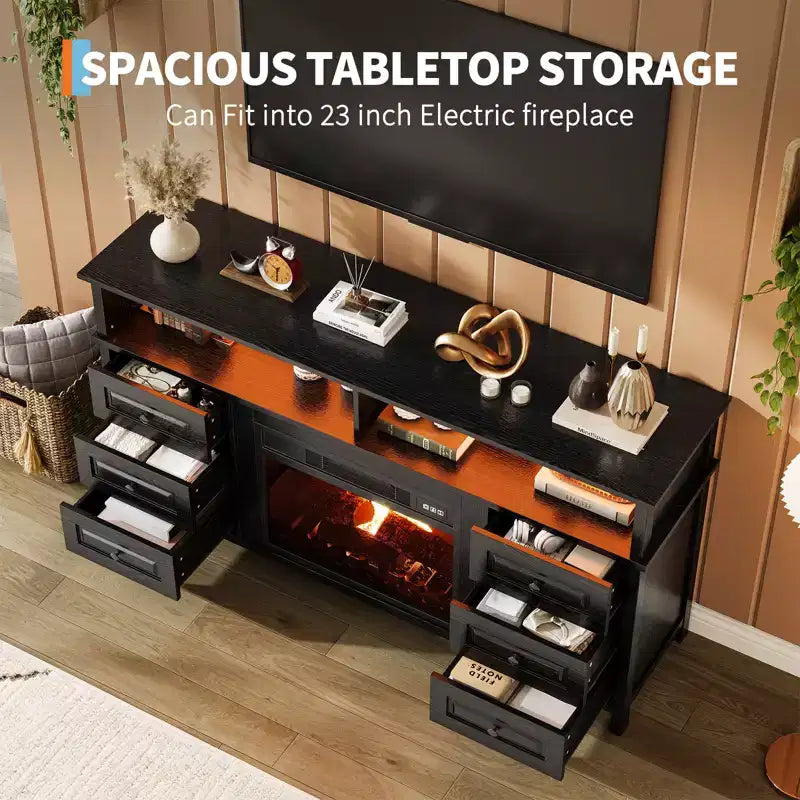 Meuble TV 65 pouces avec lumières LED, centre de divertissement avec armoires de rangement et étagères ouvertes, console multimédia blanche pour salon
