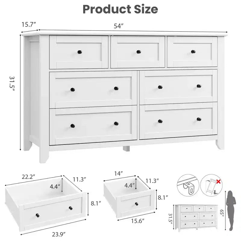 Commode à 7 tiroirs avec poignées en métal, grande commode en bois de 54 po de large, armoire de rangement moderne pour vêtements de chambre avec tiroirs profonds