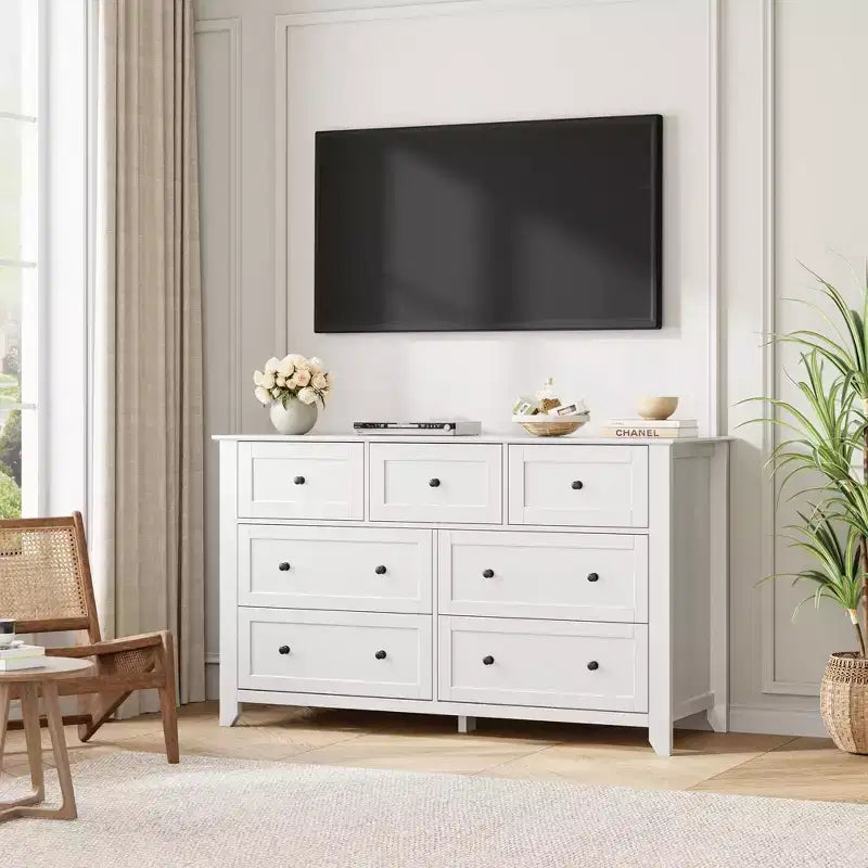 Commode à 7 tiroirs avec poignées en métal, grande commode en bois de 54 po de large, armoire de rangement moderne pour vêtements de chambre avec tiroirs profonds