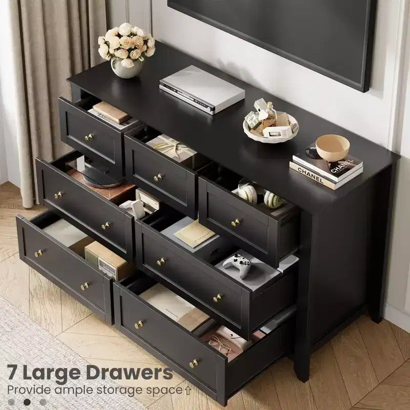 Commode à 7 tiroirs avec poignées en métal, grande commode en bois de 54 po de large, armoire de rangement moderne pour vêtements de chambre avec tiroirs profonds